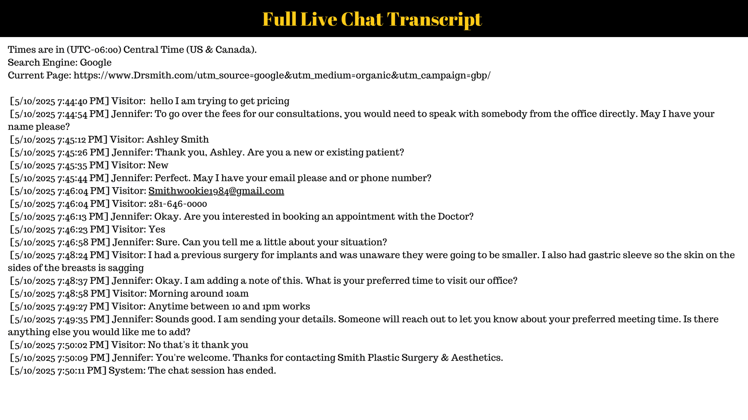 Live Chat Example for Plastic Surgeons Website (1)