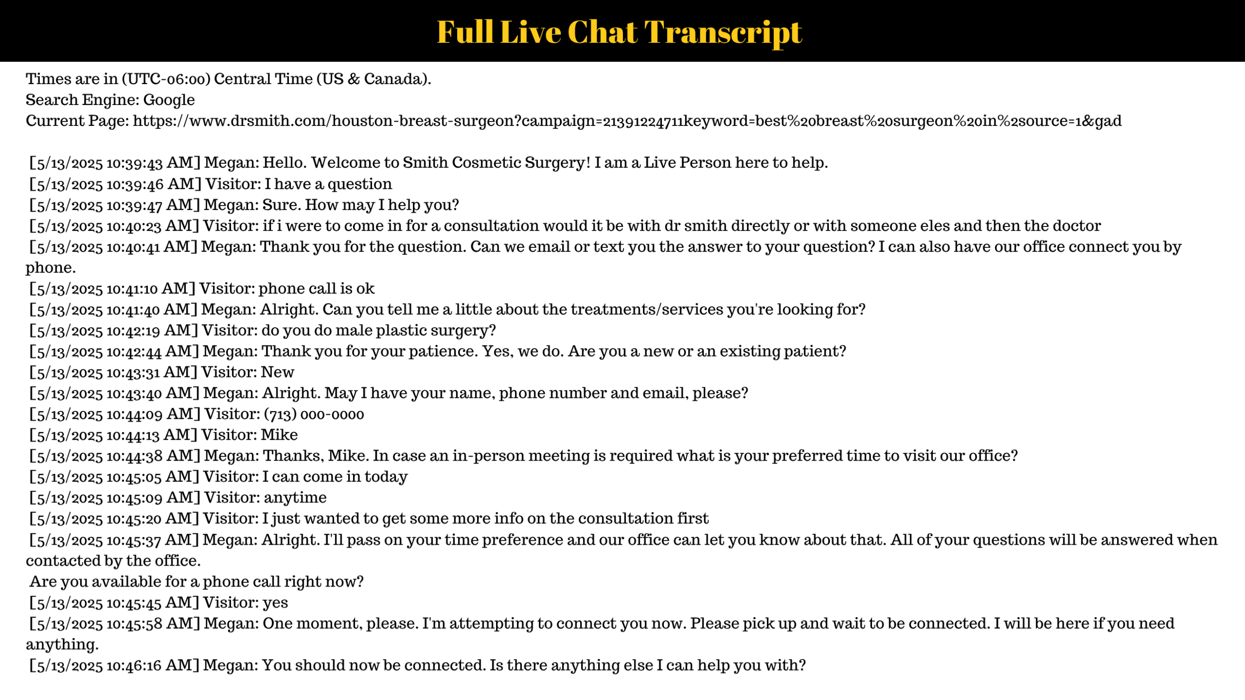 Live Chat Example for Plastic Surgeons Website (2)