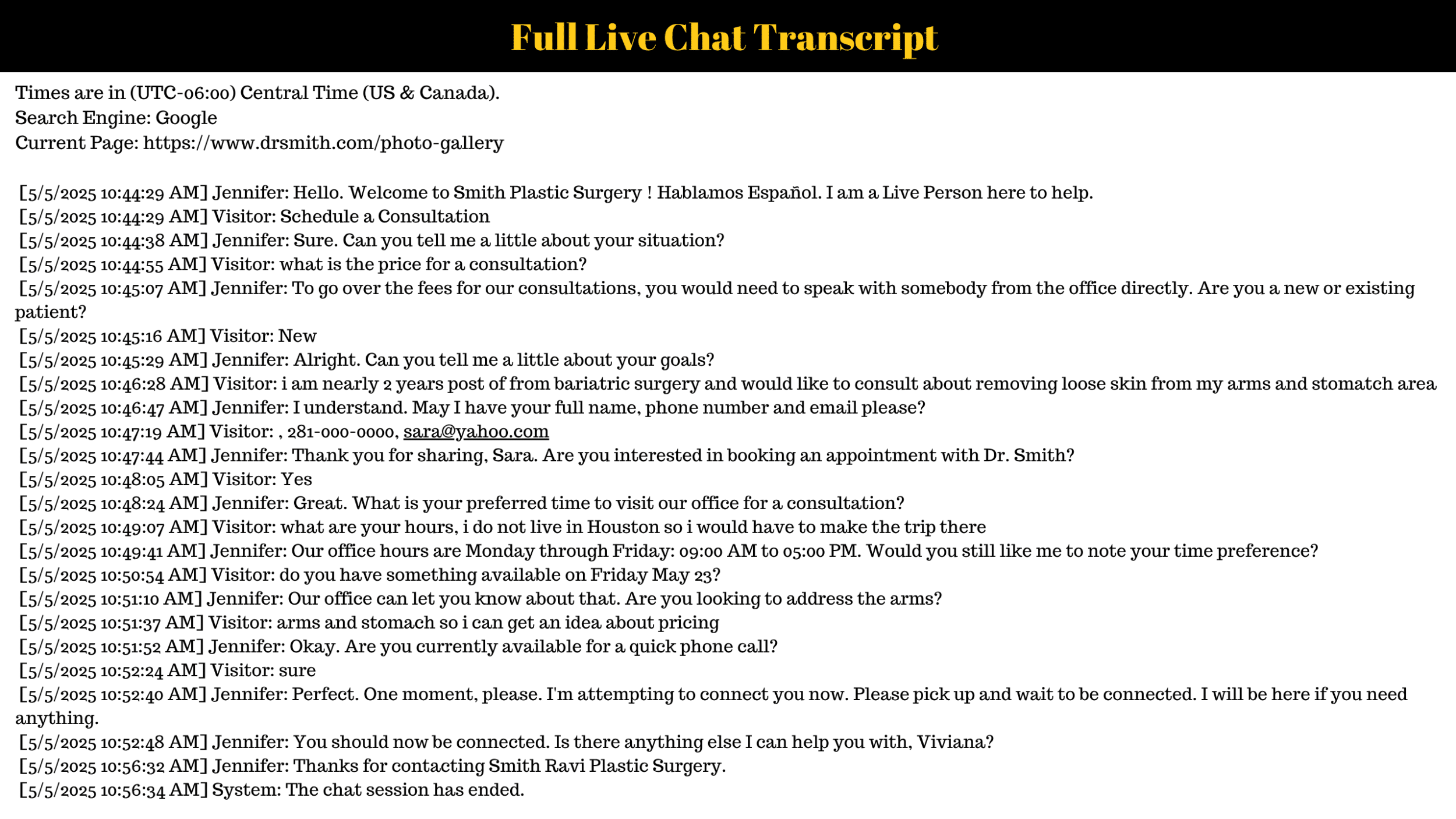Live Chat Example for Plastic Surgeons Website (3)